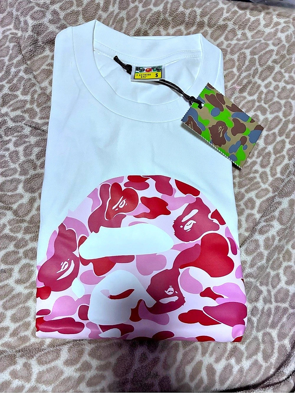 A BATHING APE ABC Camo Big Ape Head Tee Camo Short Sleeve Tee in White & Pink